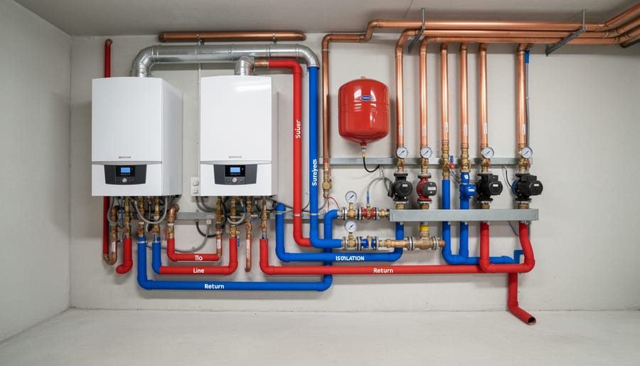 Hydronic boiler room showing copper supply and return piping, valves, and insulation