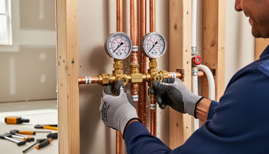 Installer hands connecting a pressure test gauge to hydronic piping
