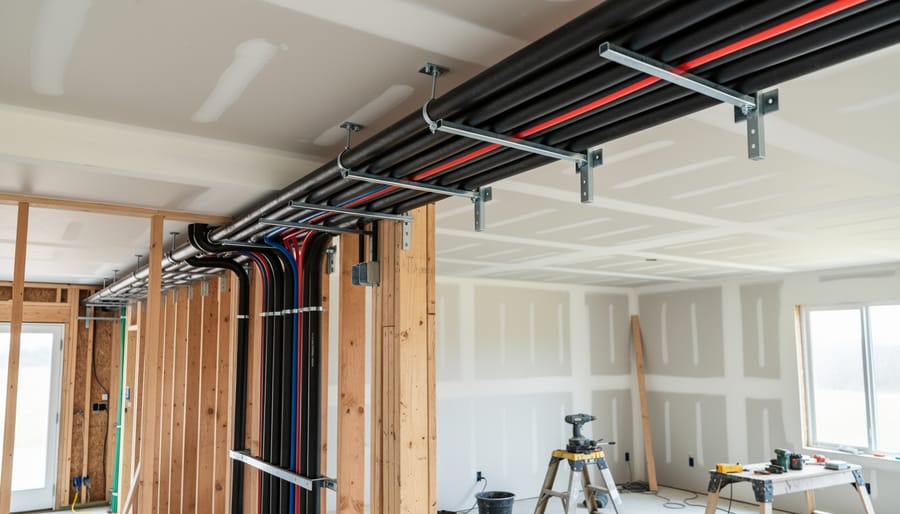 Pipe hangers secured to wood joists supporting hydronic supply and return piping