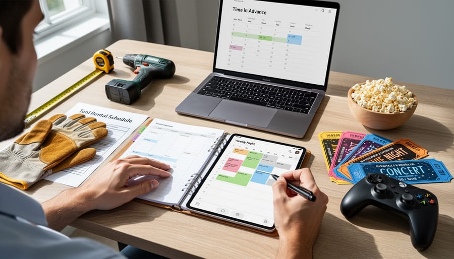 Person writing in a notebook while checking a smartphone timer on a garage worktable