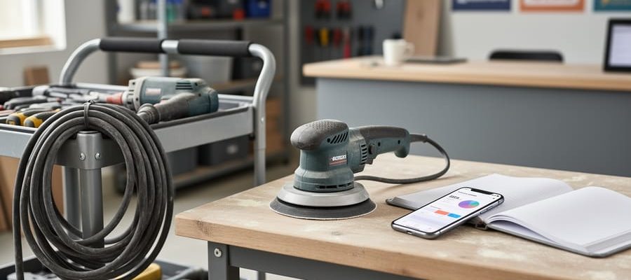 “Rental drywall sander on a workbench next to a blank planner and a phone representing budget tracking, symbolizing disciplined resource management.”
