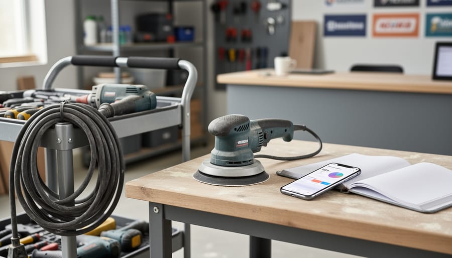 “Rental drywall sander on a workbench next to a blank planner and a phone representing budget tracking, symbolizing disciplined resource management.”