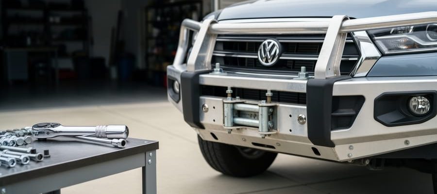 A bull bar partially installed on the front of an Australian ute with a torque wrench and tools on a work surface in front of the vehicle.