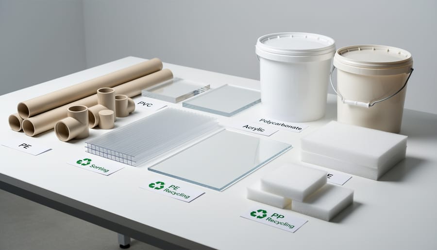 PVC pipes, plastic fittings, and clean plastic buckets arranged on a workshop workbench