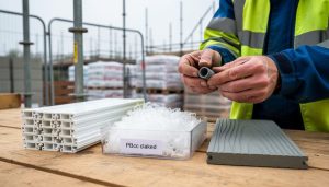 Builder’s hands examining reclaimed PVC and composite plastic construction materials on a workbench at a construction site.