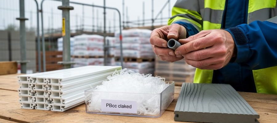Builder’s hands examining reclaimed PVC and composite plastic construction materials on a workbench at a construction site.