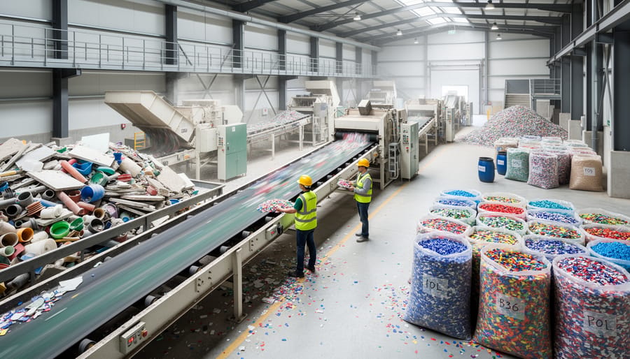 Gloved hands feeding cleaned plastic flakes into a recycling facility hopper