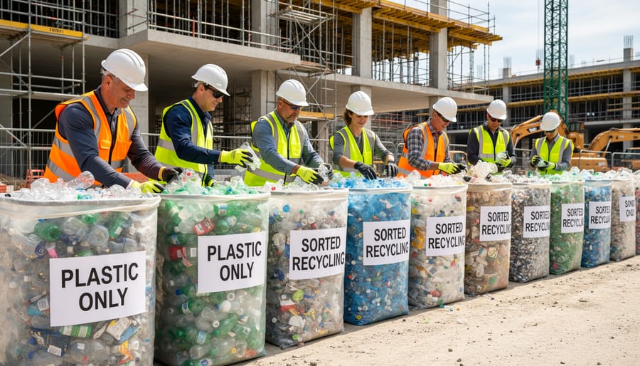 Construction site sorting bins containing different types of plastic waste